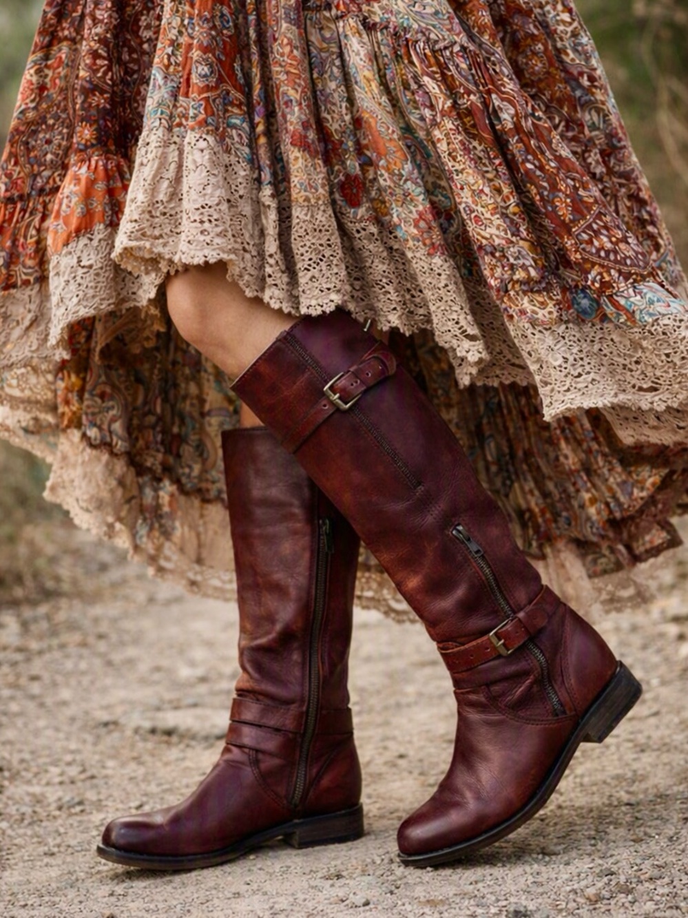 FRYE Phillip Tall Leather riding boots distressed redwood burgundy Zipper Sz 7